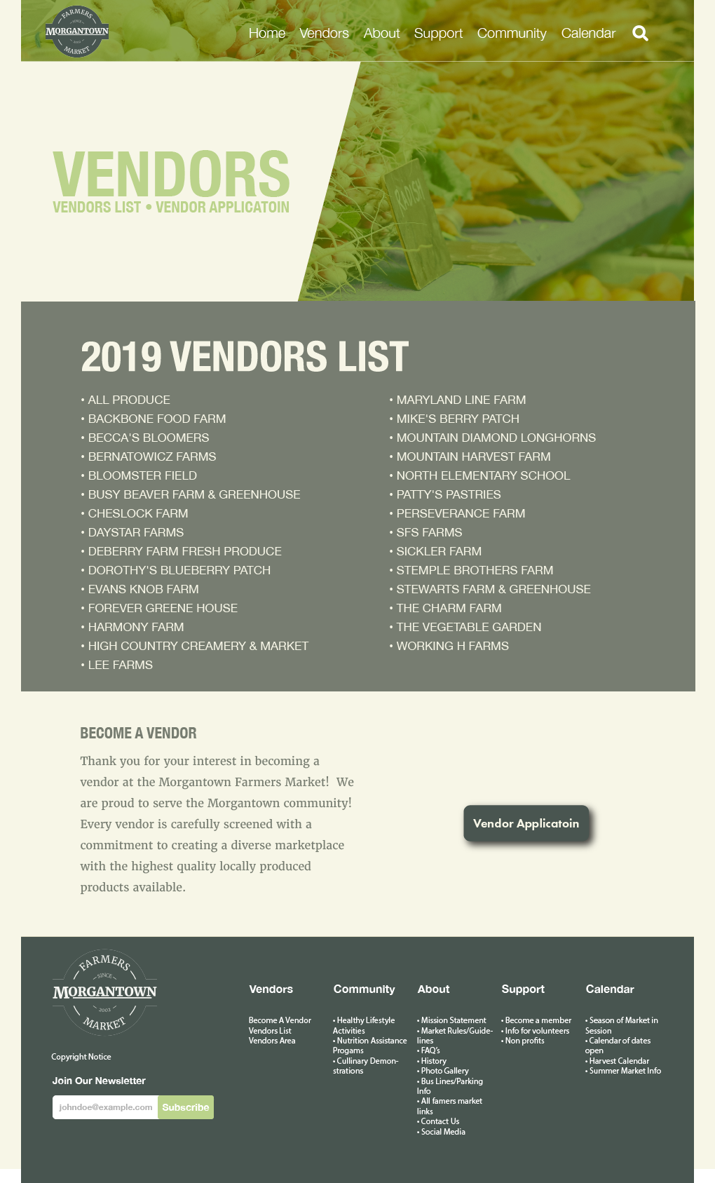 Vendors page for the Morgantown Farmers Market