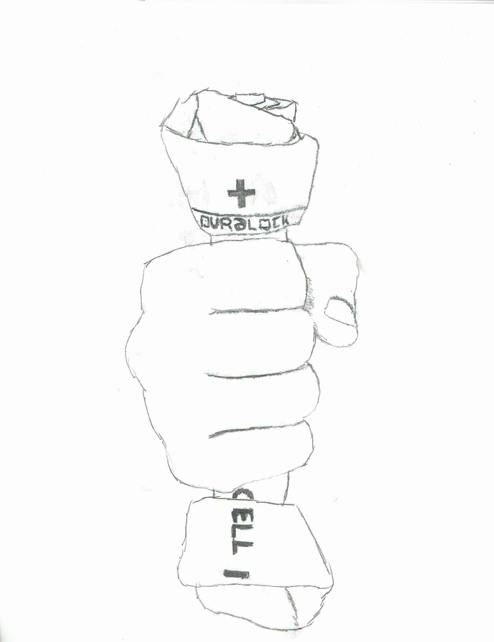 Sketch of a fist holding a batter mixed with a dog bone